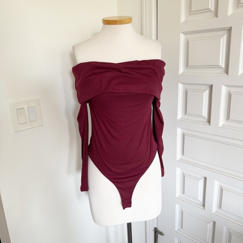 NWT AFRM x Nordstrom Maroon Bodysuit Off-the-shoulder Ribbed Small & Medium - Picture 14 of 16